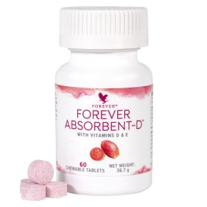 Flacon de Forever Absorbent-D avec étiquette visible des Vitamines D & E et comprimés à mâcher roses à côté.