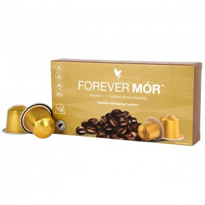 Boîte de Forever MÓR avec capsules de café dorées enrichies en vitamines B3, B5, B6, B12 compatibles avec Nespresso®