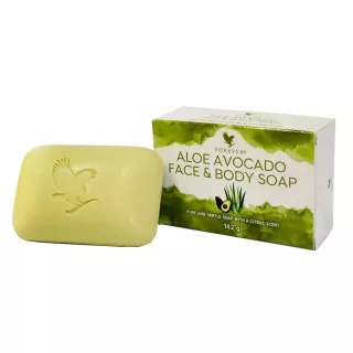 Savon Aloe Avocado Face & Body Soap de Forever Living avec son emballage, savon naturel hydratant à l’Aloe Vera et à l’Avocat.