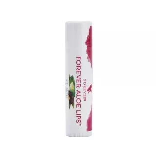 Stick de baume à lèvres Forever Aloe Lips sur fond blanc. Soin hydratant et réparateur à l'Aloe Vera et au Jojoba.