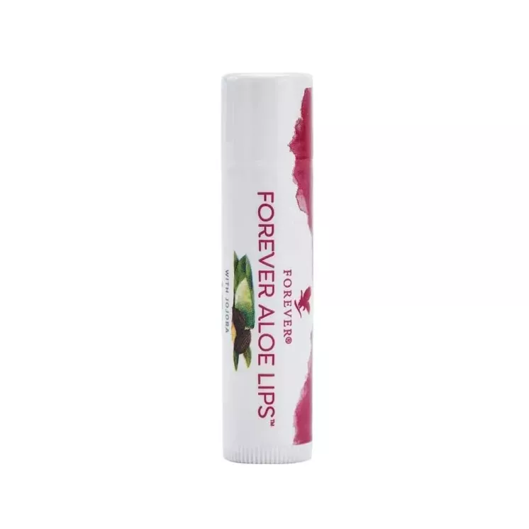 Stick de baume à lèvres Forever Aloe Lips sur fond blanc. Soin hydratant et réparateur à l'Aloe Vera et au Jojoba.