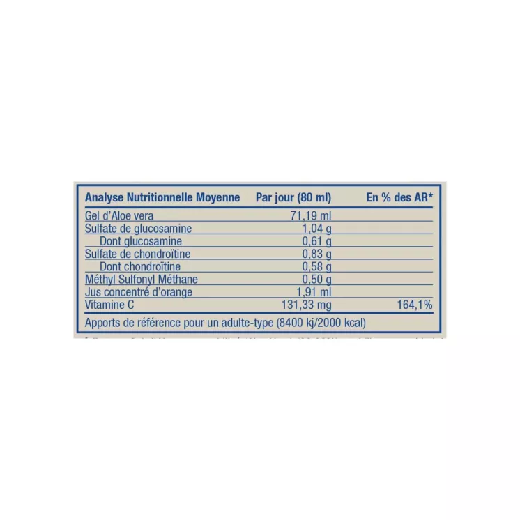 Tableau nutritionnel indiquant les apports journaliers en Aloe Vera, glucosamine, chondroïtine, MSM et vitamine C