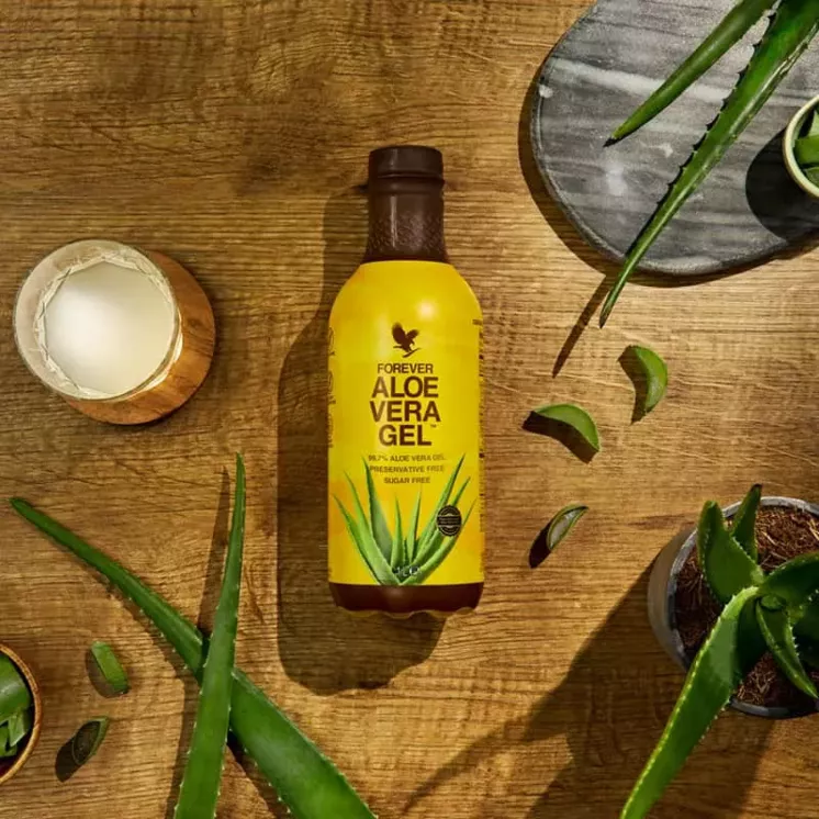Bouteille de Forever Aloe Vera Gel posée au centre d'un décor naturel avec feuilles d'aloe et ambiance bien-être
