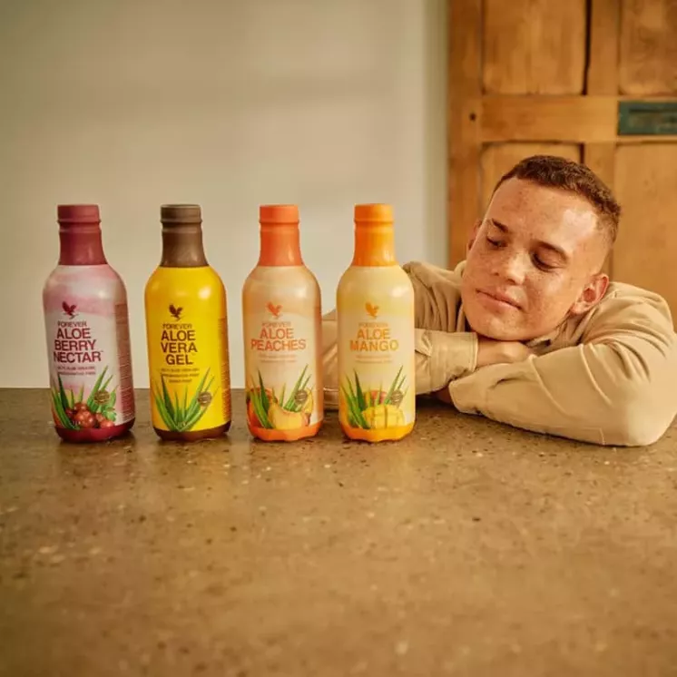 Gamme complète des boissons Forever Aloe Vera : Berry Nectar, Aloe Vera Gel, Aloe Peaches et Aloe Mango