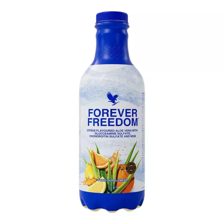 Bouteille de Forever Freedom 1 L, complément articulaire à base d'Aloe Vera, vue de face sur fond blanc
