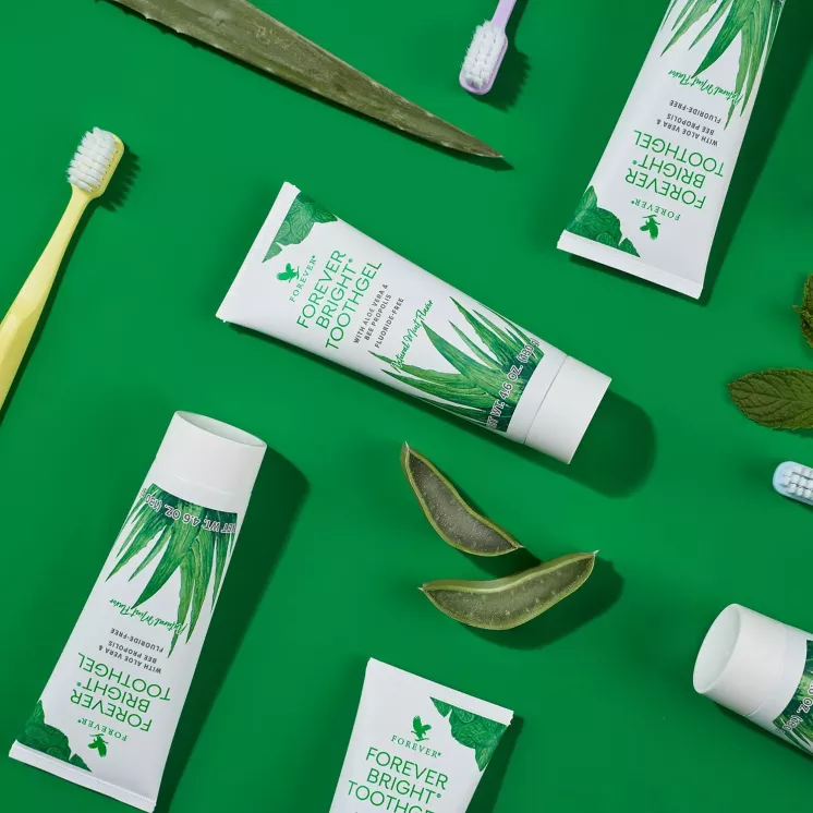 Dentifrice aloe vera Forever Bright Toothgel avec brosses à dents et aloe composition lifestyle