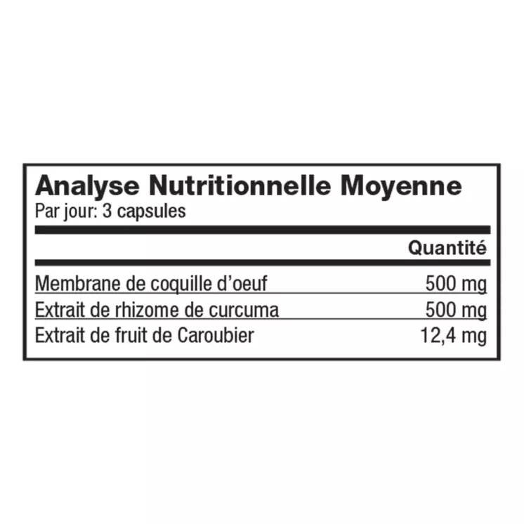 Analyse nutritionnelle Forever Move - 500 mg NEM®, 500 mg curcuma BioCurc®, 12,4 mg caroubier pour 3 capsules